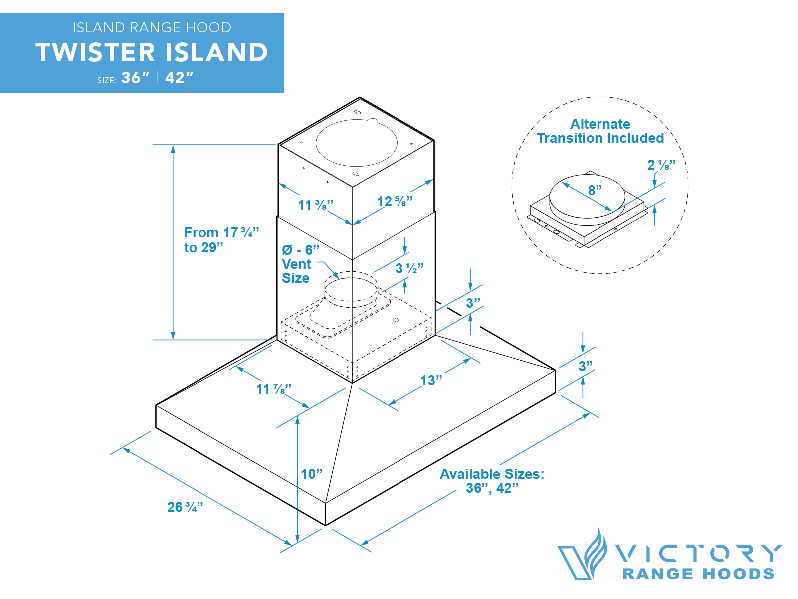 36 Inch Island Range Hood 750 CFM - VICTORY Twister Island - Image 7